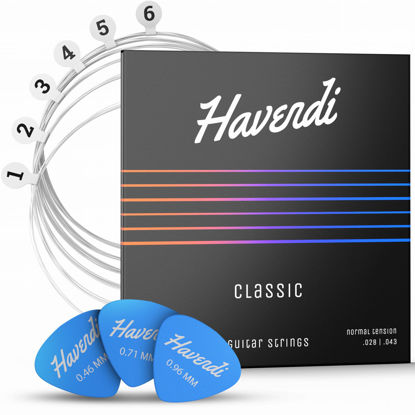 Picture of HAVENDI® Guitar Strings for classical guitar - brilliant sound quality strings made of nylon for classical guitar coated with silver (6 string set) incl. 3 picks