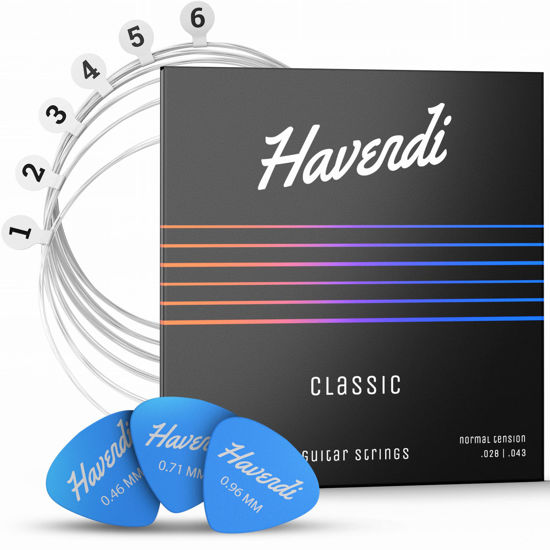 Picture of HAVENDI® Guitar Strings for classical guitar - brilliant sound quality strings made of nylon for classical guitar coated with silver (6 string set) incl. 3 picks