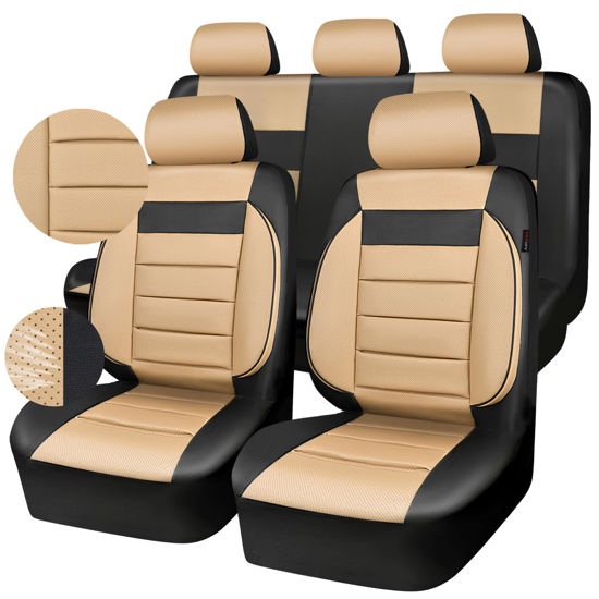 Picture of CAR PASS Leather Seat Covers Full Set Universal Water Resistant 3D Foam Back Support, Luxury Comfort Automotive 5 Seat Covers All Season Fit for SUV,Sedan,Van, Airbag Compatible Elegance(Beige Black)