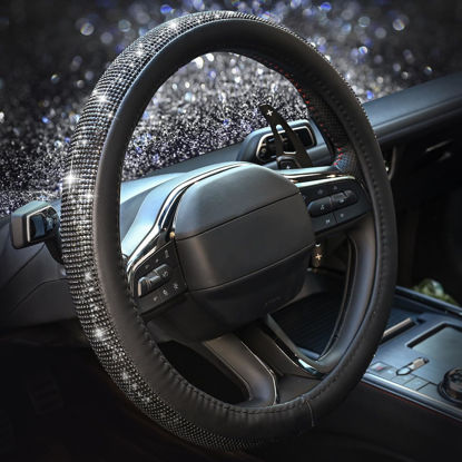 Picture of New Diamond Leather Steering Wheel Cover with Bling Bling Crystal Rhinestones, Universal Fit 15 Inch Car Wheel Protector for Women Girls,Black Diamond