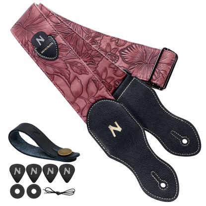 Picture of Nefelibata Guitar Strap with Pick Pocket,2.3 inch Porter Style Vegan Leather Carving Guitar Straps,60s Vintage Style Include Guitar Picks,Strap Button and Strap Locks (Red)