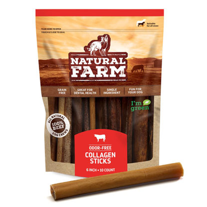 Picture of Natural Farm Collagen Dog Chews. 6 Inch, 10 Pack. Odor-Free Long Lasting Bully Sticks & Rawhide Alternative Dog Treats, 95% Collagen Low Fat, High Protein Best Dental Dog Treats - Medium & Large Dogs