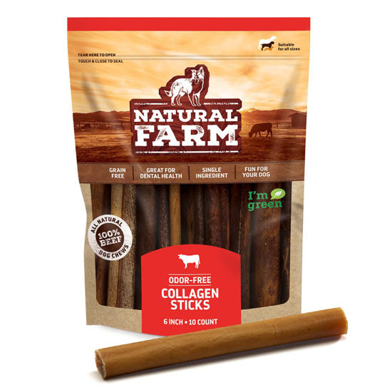 Picture of Natural Farm Collagen Dog Chews. 6 Inch, 10 Pack. Odor-Free Long Lasting Bully Sticks & Rawhide Alternative Dog Treats, 95% Collagen Low Fat, High Protein Best Dental Dog Treats - Medium & Large Dogs
