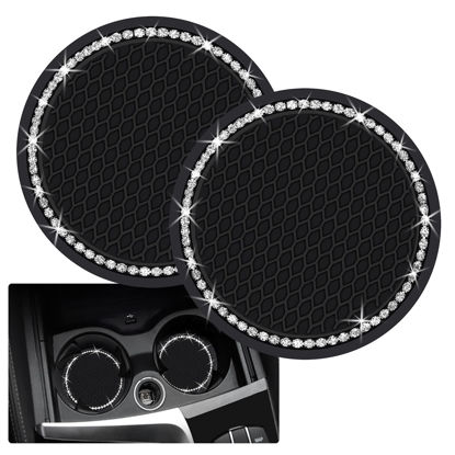 Picture of 2PCS Bling Car Cup Coaster, 2.75 Inch Auto Car Cup Holder Insert Coasters Silicone Anti-Slip Crystal Rhinestone Drink Car Cup Mat, Universal Vehicle Interior Accessories for Women Girls (Black)