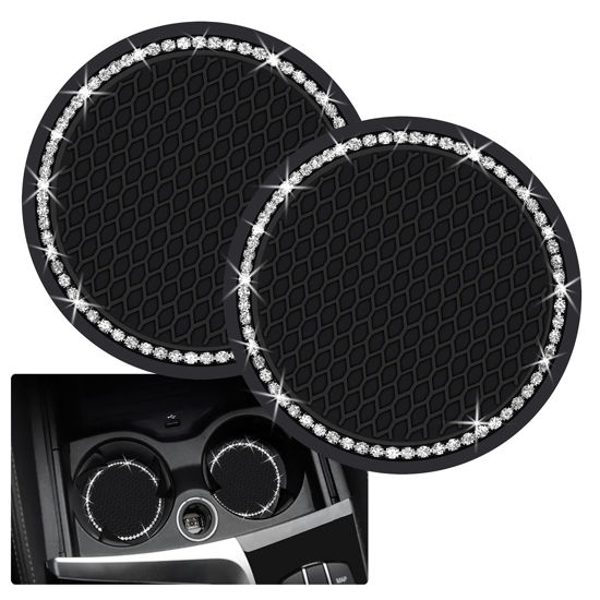 Picture of 2PCS Bling Car Cup Coaster, 2.75 Inch Auto Car Cup Holder Insert Coasters Silicone Anti-Slip Crystal Rhinestone Drink Car Cup Mat, Universal Vehicle Interior Accessories for Women Girls (Black)