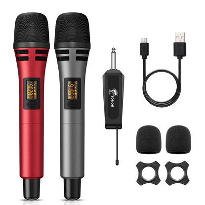 Picture of TONOR Wireless Microphones, UHF Dual Karaoke Microphone System, Microfonos Inalambricos with Rechargeable Receiver, Cordless Dynamic Mic Micro Set for Singing, Wedding, DJ, Party, Speech TW320 Red