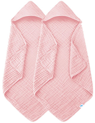 Picture of SWEET DOLPHIN Muslin Hooded Baby Bath Towels - 2 Pack 100% Cotton Towel for Babies, Infants, Toddlers - 32x32Inch - Highly Absorbent and Newborn Essential, Pink