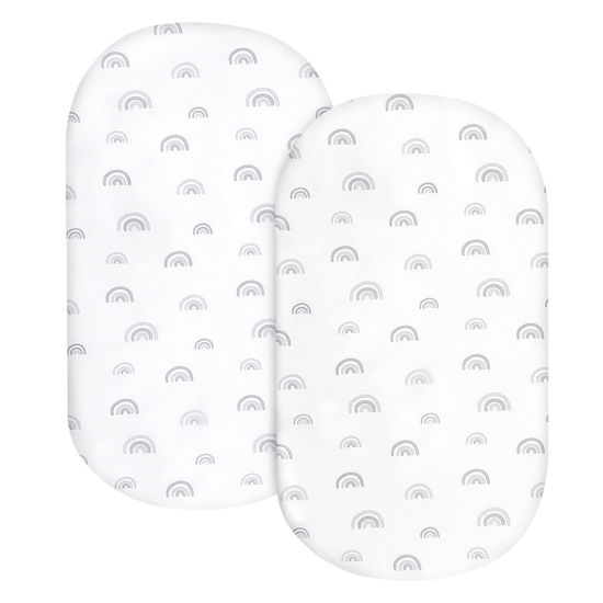 Picture of Bassinet Sheet Set 2 Pack Fitted Universal Microfiber Soft Cradle Sheets for Hourglass Rectangle and Oval Bassinet Mattress, Rainbow Bassinet Sheets for Girls and Boys