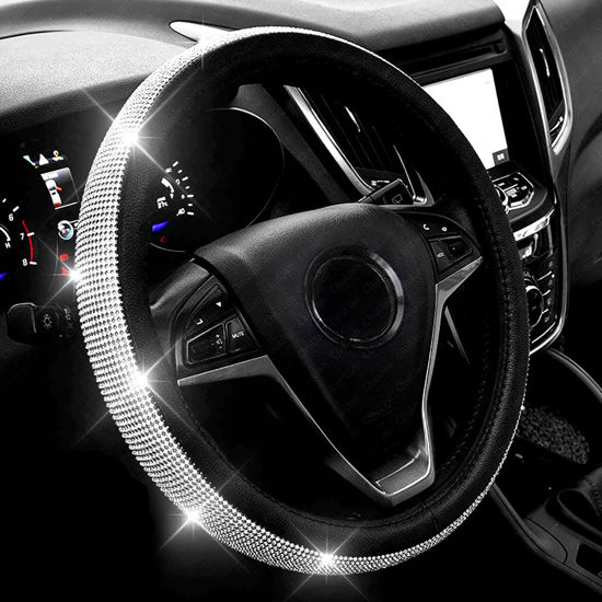 Picture of Diamond Leather Steering Wheel Cover with Bling Bling Crystal Rhinestones,Large-Size of 15 1/2 inches-16 inches Black
