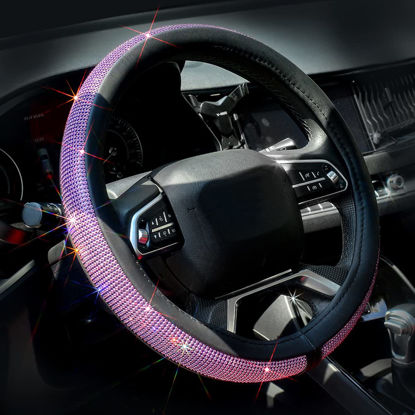 Picture of ChuLian New Diamond Leather Steering Wheel Cover with Bling Bling Crystal Rhinestones, Universal Fit 15 Inch Car Wheel Protector for Women Girls Purple Diamond