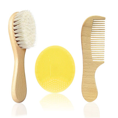 Picture of Molylove Baby Hair Brush with Wooden Handle and Comb Set for Newborns & Toddlers | Natural Soft Goat Bristles l Wood comb l Yellow Silicone Brush| Ideal for Cradle Cap (3PCS)