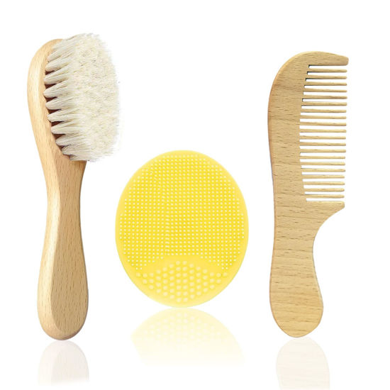 Picture of Molylove Baby Hair Brush with Wooden Handle and Comb Set for Newborns & Toddlers | Natural Soft Goat Bristles l Wood comb l Yellow Silicone Brush| Ideal for Cradle Cap (3PCS)