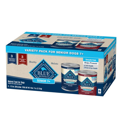 Picture of Blue Buffalo Homestyle Recipe Senior Wet Dog Food, Made with Natural Ingredients, Beef Dinner and Chicken Dinner, Variety Pack, (12.5-oz Cans, 3 of Each Flavor)
