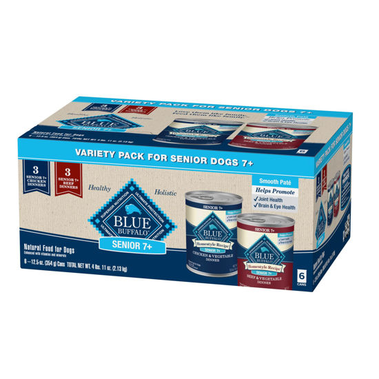 Picture of Blue Buffalo Homestyle Recipe Senior Wet Dog Food, Made with Natural Ingredients, Beef Dinner and Chicken Dinner, Variety Pack, (12.5-oz Cans, 3 of Each Flavor)