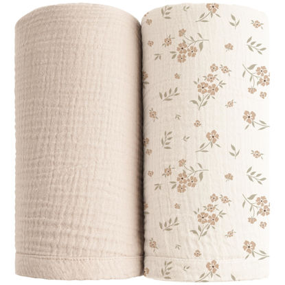 Picture of Konssy Muslin Swaddle Blankets for Boys Girls, 2 Pack Receiving Baby Blanket Large 47 x 47 inches, Soft Breathable Swaddling Wrap for Unisex Newborn (Blossom,Cream)