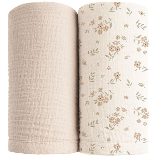 Picture of Konssy Muslin Swaddle Blankets for Boys Girls, 2 Pack Receiving Baby Blanket Large 47 x 47 inches, Soft Breathable Swaddling Wrap for Unisex Newborn (Blossom,Cream)