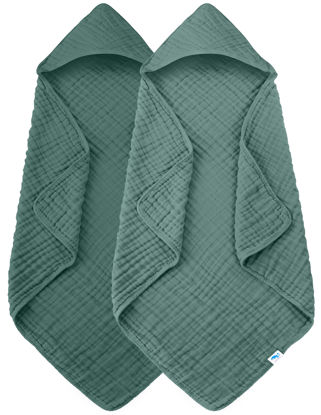 Picture of SWEET DOLPHIN Muslin Hooded Baby Bath Towels - 2 Pack 100% Cotton Towel for Babies, Infants, Toddlers - 32x32Inch - Highly Absorbent and Newborn Essential, Deep Emerald