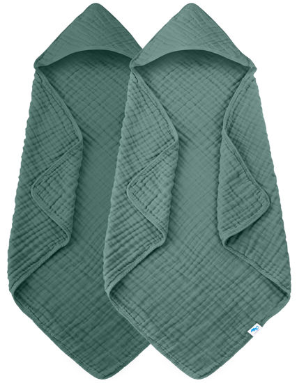 Picture of SWEET DOLPHIN Muslin Hooded Baby Bath Towels - 2 Pack 100% Cotton Towel for Babies, Infants, Toddlers - 32x32Inch - Highly Absorbent and Newborn Essential, Deep Emerald