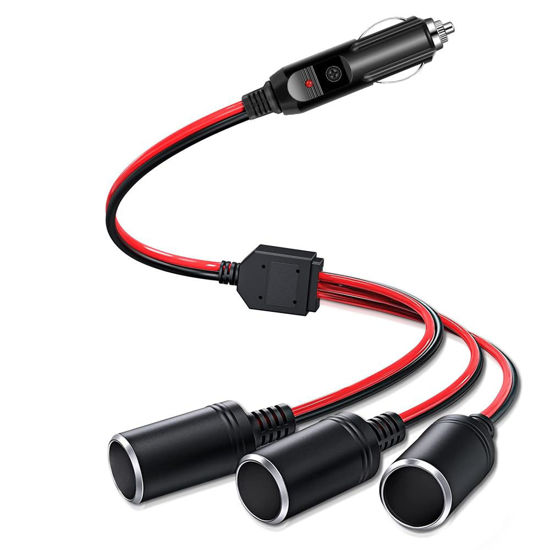 Picture of Car cigarette Lighter Splitter, ROÉKO1 to 3 DC 12V 24V Plug Adapter, 3 Socket with Indicator Light, 15.7 Inches Cigarette Lighter Extension Cord UL Wire with 20A Fuses Compatible cars