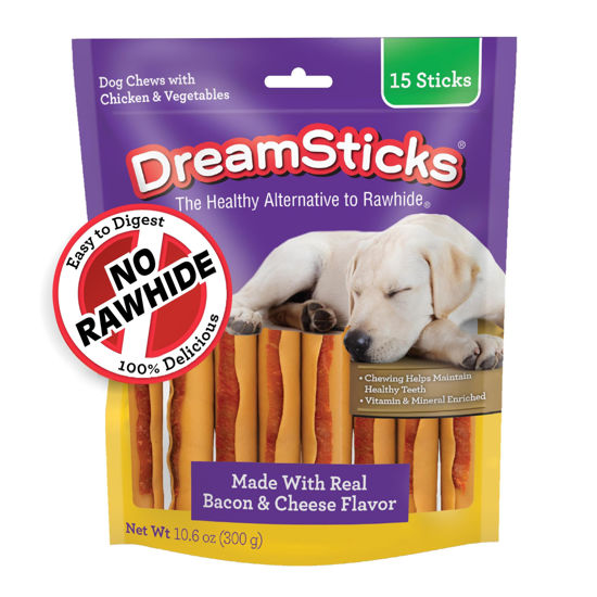 Picture of DreamBone DreamSticks with Real Bacon and Cheese Flavor, Rawhide Free Dog Chew Sticks 15 Sticks