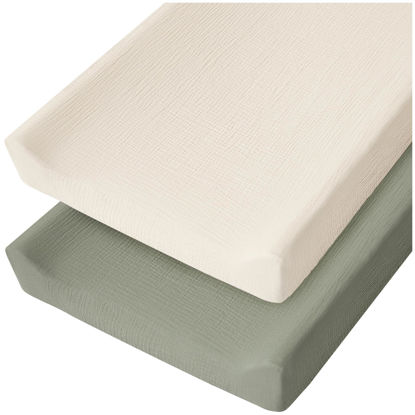 Picture of Konssy Muslin Changing Pad Cover for Baby Girls Boys, 100% Cotton Fitted Diaper Chang Table Covers, Soft Breathable Changing Pad Sheets, 2 Pack (Fog Green,Cream)