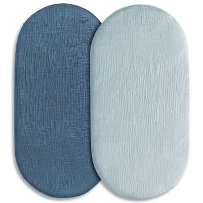Picture of Muslin Bassinet Fitted Sheets, 2 Pack for Baby Boy and Girl, Soft Breathable Stretchy Baby Pad/Mattress Sheet Set, Universal Fit for Hourglass Oval and Rectangle Bassinet Mattress (Bright Colors)