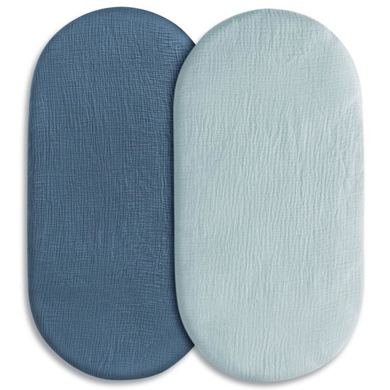 Picture of Muslin Bassinet Fitted Sheets, 2 Pack for Baby Boy and Girl, Soft Breathable Stretchy Baby Pad/Mattress Sheet Set, Universal Fit for Hourglass Oval and Rectangle Bassinet Mattress (Bright Colors)
