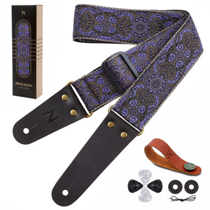 Picture of Nefelibata Guitar Strap, Vintage Embroidered Cotton Guitar Straps with Head Cowhide Leather Ends for Bass, Electric & Acoustic Guitars, with Free Strap Button, 1 Pair Strap Locks and 4 Guitar Picks