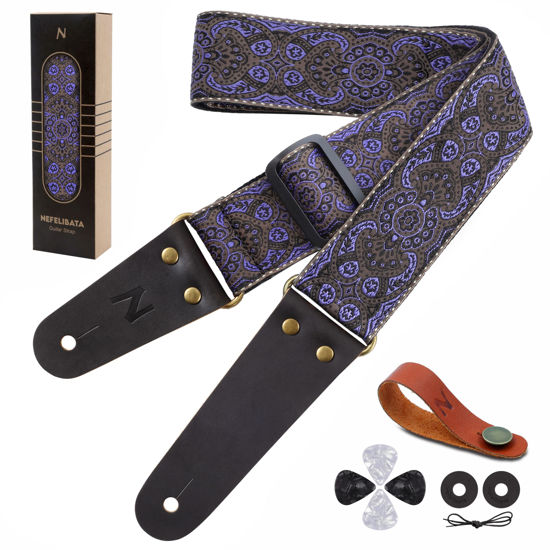Picture of Nefelibata Guitar Strap, Vintage Embroidered Cotton Guitar Straps with Head Cowhide Leather Ends for Bass, Electric & Acoustic Guitars, with Free Strap Button, 1 Pair Strap Locks and 4 Guitar Picks