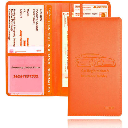 Picture of Car Registration and Insurance Card Holder - Leather Vehicle Glove Box Automobile Documents Paperwork Wallet Case Organizer for ID, Driver's License, Key Contact Information Cards - Men&Women