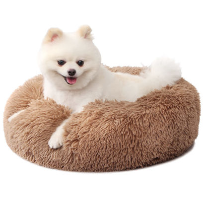 Picture of nononfish Small Puppy Beds for Small Dogs Washable - 19 Inches Round Faux Fur Pet Bed for Puppy and Cat Donut Fluffy Plush Orthopedic Doggy Beds Relief Improved Sleeping,Camel