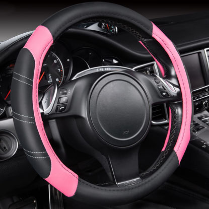 Picture of CAR PASS Line Rider Microfiber Leather Sporty 14.5-15 inch Steering Wheel Cover Universal Fits for 95% Truck,SUV,Cars, Anti-Slip Safety Comfortable Design (Black Pink)