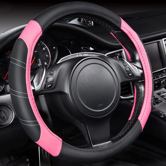 Picture of CAR PASS Line Rider Microfiber Leather Sporty 14.5-15 inch Steering Wheel Cover Universal Fits for 95% Truck,SUV,Cars, Anti-Slip Safety Comfortable Design (Black Pink)