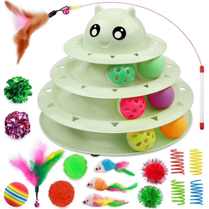 Picture of UPSKY 20 PCS Cat Toys, Cat Roller Toy 3-Level Turntable Cat Toys Balls for Indoor Cats, Kitten Toys Set with Cat Teaser Toys, Mice Toys, Spring Toys, and Various Ball Toys.