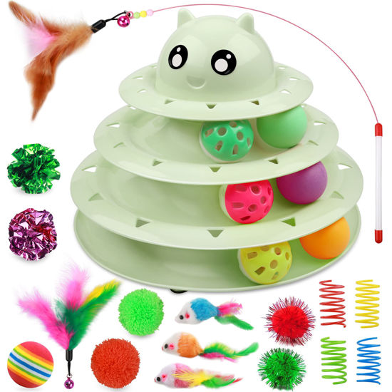 Picture of UPSKY 20 PCS Cat Toys, Cat Roller Toy 3-Level Turntable Cat Toys Balls for Indoor Cats, Kitten Toys Set with Cat Teaser Toys, Mice Toys, Spring Toys, and Various Ball Toys.