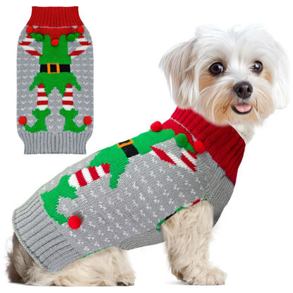 Picture of ABRRLO Dog Christmas Sweater Cute Grey Elf Clown Xmas Dog Cat Outfit New Year Holiday Costumes Puppy Cat Sweater with Leash Hole for Small Medium Large Dogs Girl Boy Turtleneck Winter Warm Pet Clothes