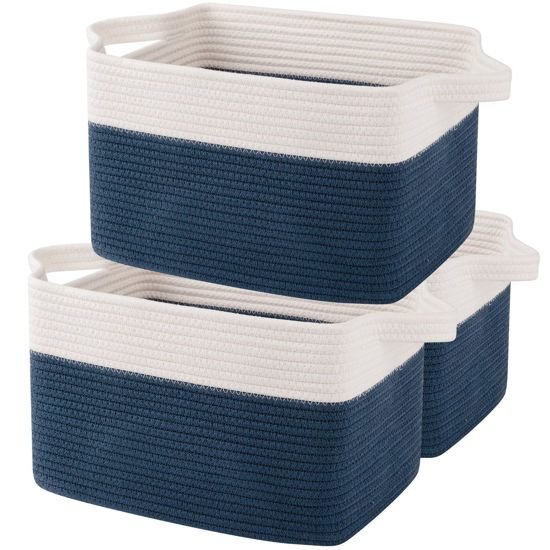 Picture of OIAHOMY Storage Basket, Woven Baskets for Storage, Cotton Rope Basket for toys,Towel Baskets for Bathroom - Pack of 3, Blue & White
