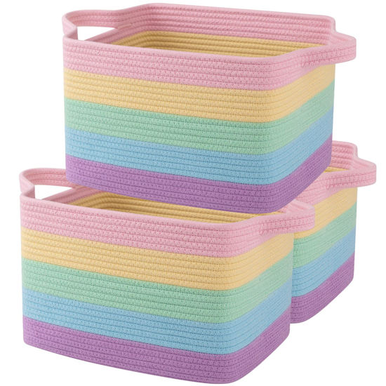 Picture of OIAHOMY Storage Basket, Woven Baskets for Storage, Cotton Rope Basket for toys,Towel Baskets for Bathroom - Pack of 3, Rainbow Pastel
