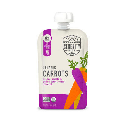 Picture of Serenity Kids 6+ Months Veggie Puree Baby Food Pouches USDA Organic - No Sugary Fruits or Added Sugar - Allergen Free - 3.5 Ounce BPA-Free Pouch - Carrots Baby Puree - 12 Count Baby Food Pouch