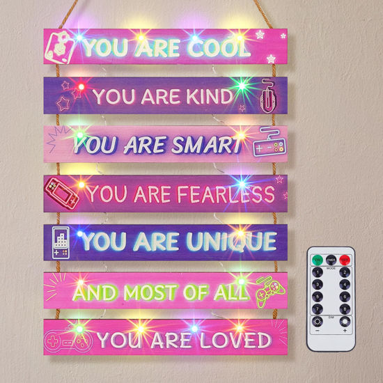 Picture of FIOBEE Girls Room Décor for Teen Girls Boys with LED Light Nursery Wall Décor for Bedroom Motivational Inspirational Wall Art Girl Room Decoration for Kids Living Room, 8 Kinds of Lights, Purple Game