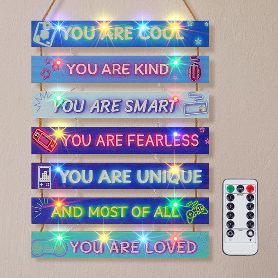 Picture of FIOBEE Girls Room Décor for Teen Girls Boys with LED Light Nursery Wall Décor for Bedroom Motivational Inspirational Wall Art Girl Room Decoration for Kids Living Room, 8 Kinds of Lights, Blue Game