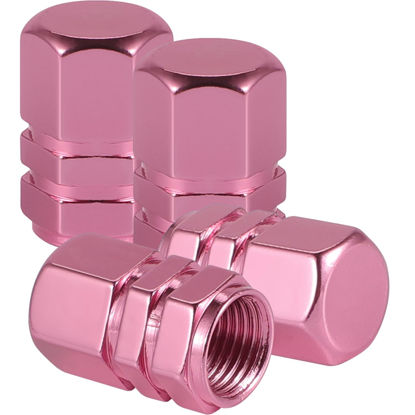 Picture of Alpmosn Aluminum Tire Stem Valve Caps Wheel Valve Covers Car Dustproof Tire Cap Cover Accessories, Universal for SUV, Car, Bike and Motorcycle，Hexagon Shape (Pink)