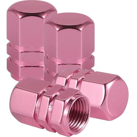 Picture of Alpmosn Aluminum Tire Stem Valve Caps Wheel Valve Covers Car Dustproof Tire Cap Cover Accessories, Universal for SUV, Car, Bike and Motorcycle，Hexagon Shape (Pink)