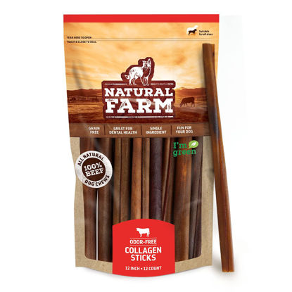 Picture of Natural Farm Odor-Free Collagen Dog Chews, (12-Inch, 12-Pack), Long Lasting Bully Sticks & Rawhide Alternative Dog Treats, 95% Collagen, High Protein Best Dental Dog Treats - Medium & Large Dogs