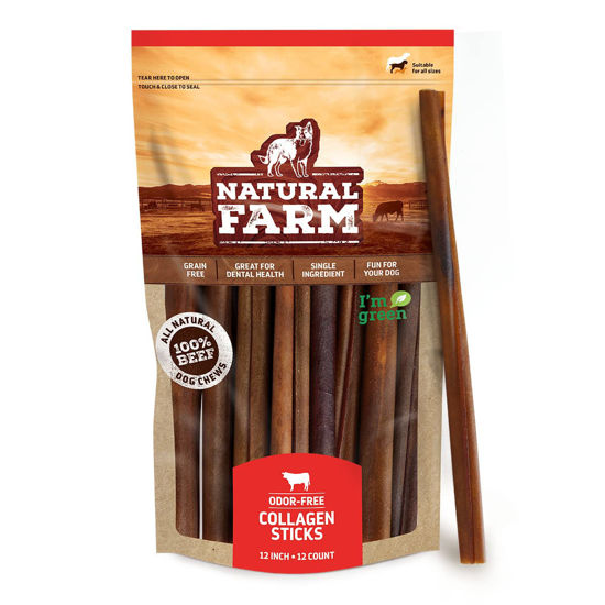 Picture of Natural Farm Odor-Free Collagen Dog Chews, (12-Inch, 12-Pack), Long Lasting Bully Sticks & Rawhide Alternative Dog Treats, 95% Collagen, High Protein Best Dental Dog Treats - Medium & Large Dogs
