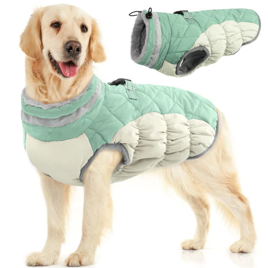 Picture of FUAMEY Dog Winter Jacket,Dog Cold Weather Coats Paded Dog Vest with Harness Built in Pet Warm Clothes Dog Apparel with Back Zipper Dog Water Resistant Coat for Small Medium Large Dogs Mint Green XL