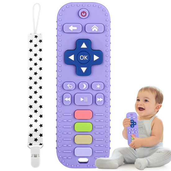 Picture of Fu Store Silicone Teething Toys for Infant Toddlers, Remote Control Shape Teethers for Babies Chew Toys, Relief Soothe Babies Gums Set, BPA Free/Freezable/Dishwasher and Refrigerator Safe (Purple)