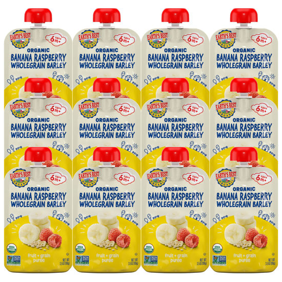 Picture of Earth's Best Organic Baby Food Pouches, Fruit and Grain Puree for Babies 6 Months and Older, Organic Banana Raspberry and Whole Grain Barley Puree, 3.5 oz Pouch (Pack of 12) (Packaging May Vary)