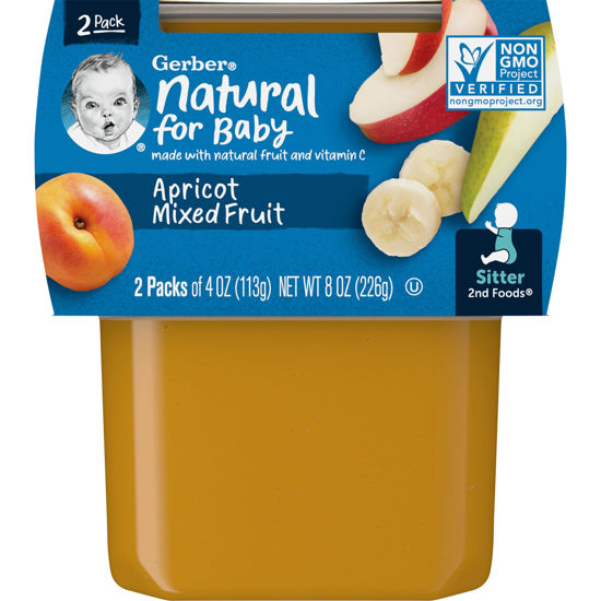 Picture of Gerber 2nd Foods Apricot Mixed Fruit Pureed Baby Food, 4 Ounce Tubs, 2 Count (Pack of 8)