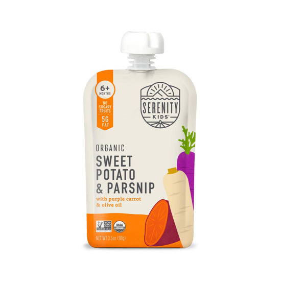 Picture of Serenity Kids 6+ Months Veggie Puree Baby Food Pouches - USDA Organic - No Sugary Fruits/Added Sugar - 3.5 Ounce BPA & Allergen Free Pouch - Sweet Potato & Parsnip - 12 Count Organic Baby Food Pouch